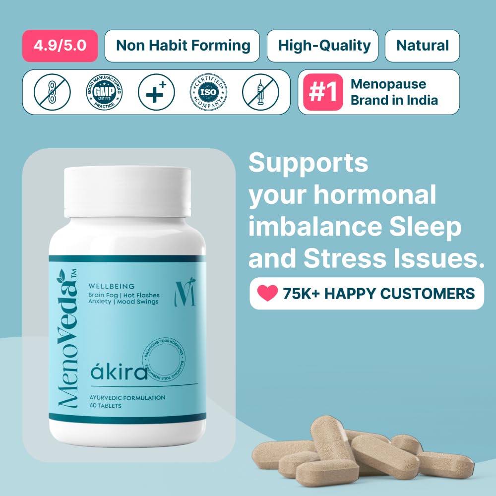 Menoveda Akira near menopause dose for women | Manage hot flash. Stress | Sweat night Fatigue | Ayurvedic pills for women - 60 tabs Menoveda Akira near menopause dose for women | Manage hot flash. Stress | Sweat night Fatigue | Ayurvedic pills for women - 60 tabs