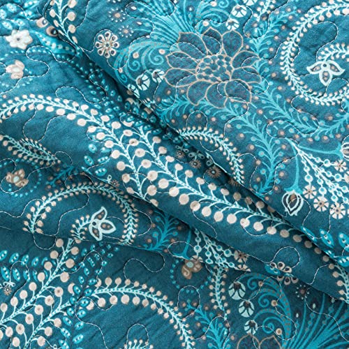 NEWLAKE Cotton Bedspread Quilt Sets-Reversible Patchwork Coverlet Set, Turquoise Classic Royal Pattern, Queen Size