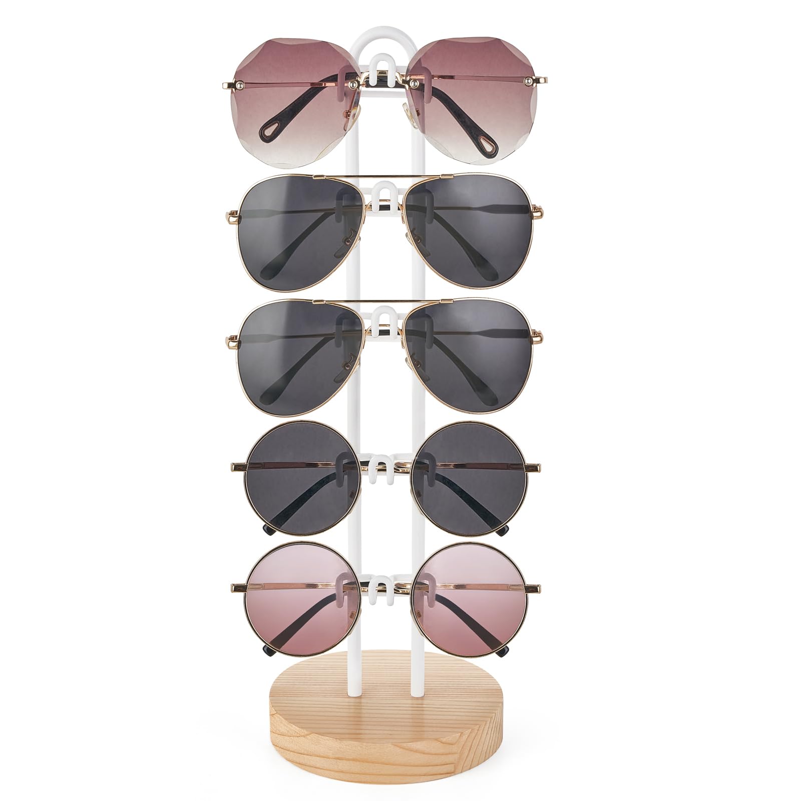 Mkono Sunglasses Organizer Glasses Holder Stand Sunglass Storage Eyeglasses Rack Metal Frame with Wood Base for 5 Pairs of Eyewear Display for Table Desk Countertop Dresser Bedroom, Set of 1, Gold: 1 Wood