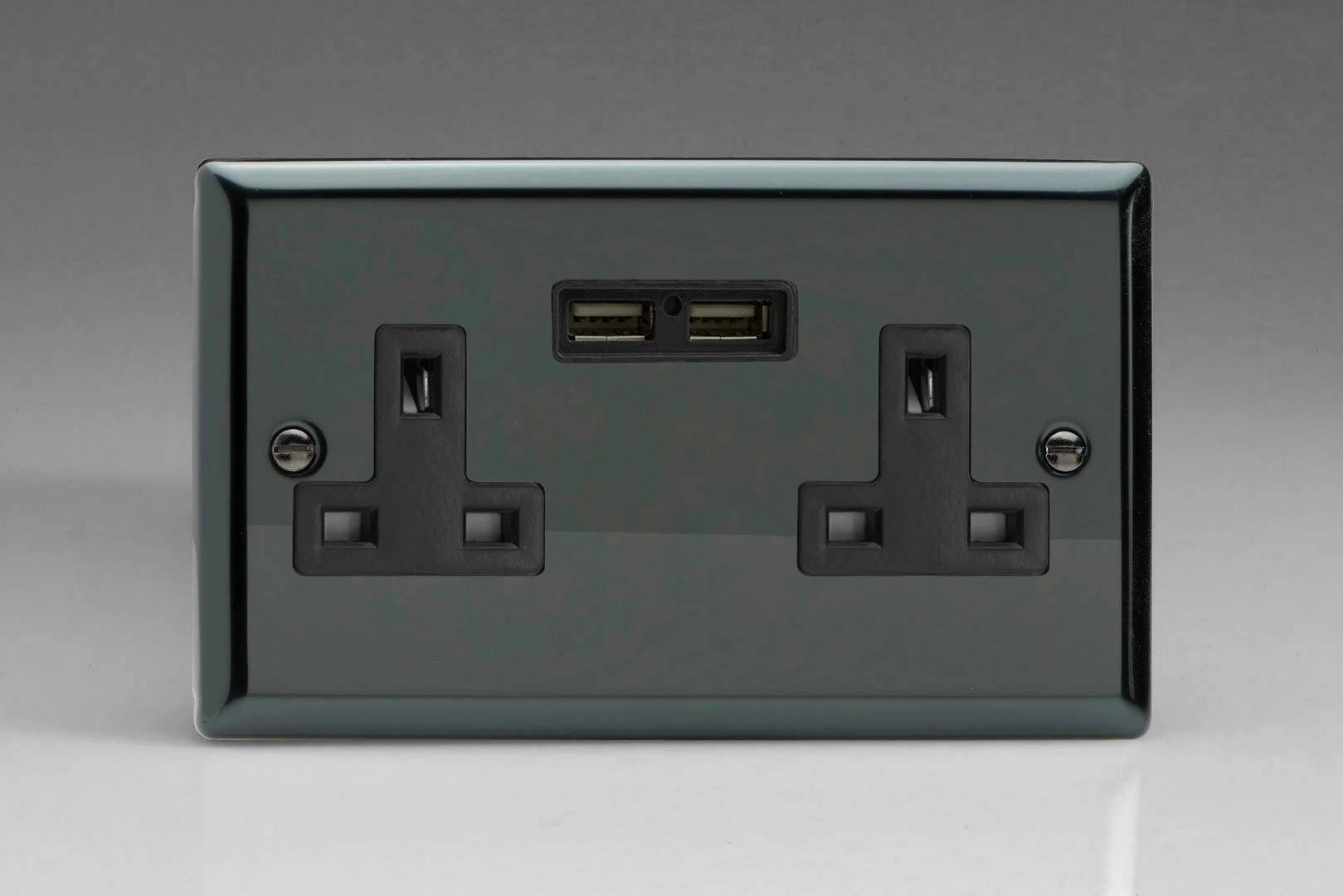 Varilight 2 Gang, 13 Amp Unswitched Socket with 2 Optimised USB Charging Ports, Black Insert. Classic iridium Black
