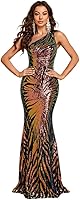 Giffniseti Women's One Shoulder Holographic Sequin Maxi Dress - Sparkly Prom Evening Gown Formal Party Wear