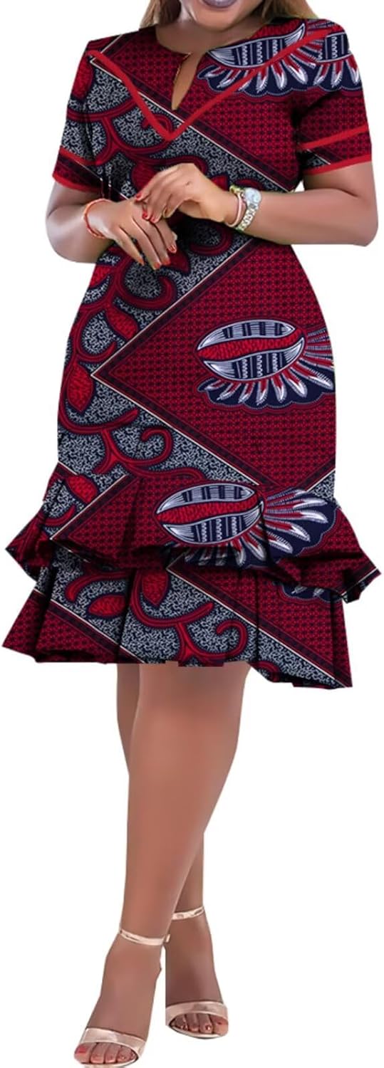 BAZINRICHE African Dresses for Women Bazin Riche Ankara Clothing Short Sleeve Dress Wax Print