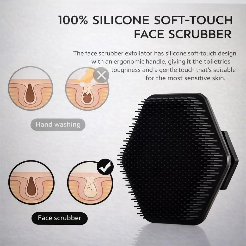 Hexagonal Silicone Face Scrubber, Manual Facial Cleansing Brush, Pink and Black (Black)