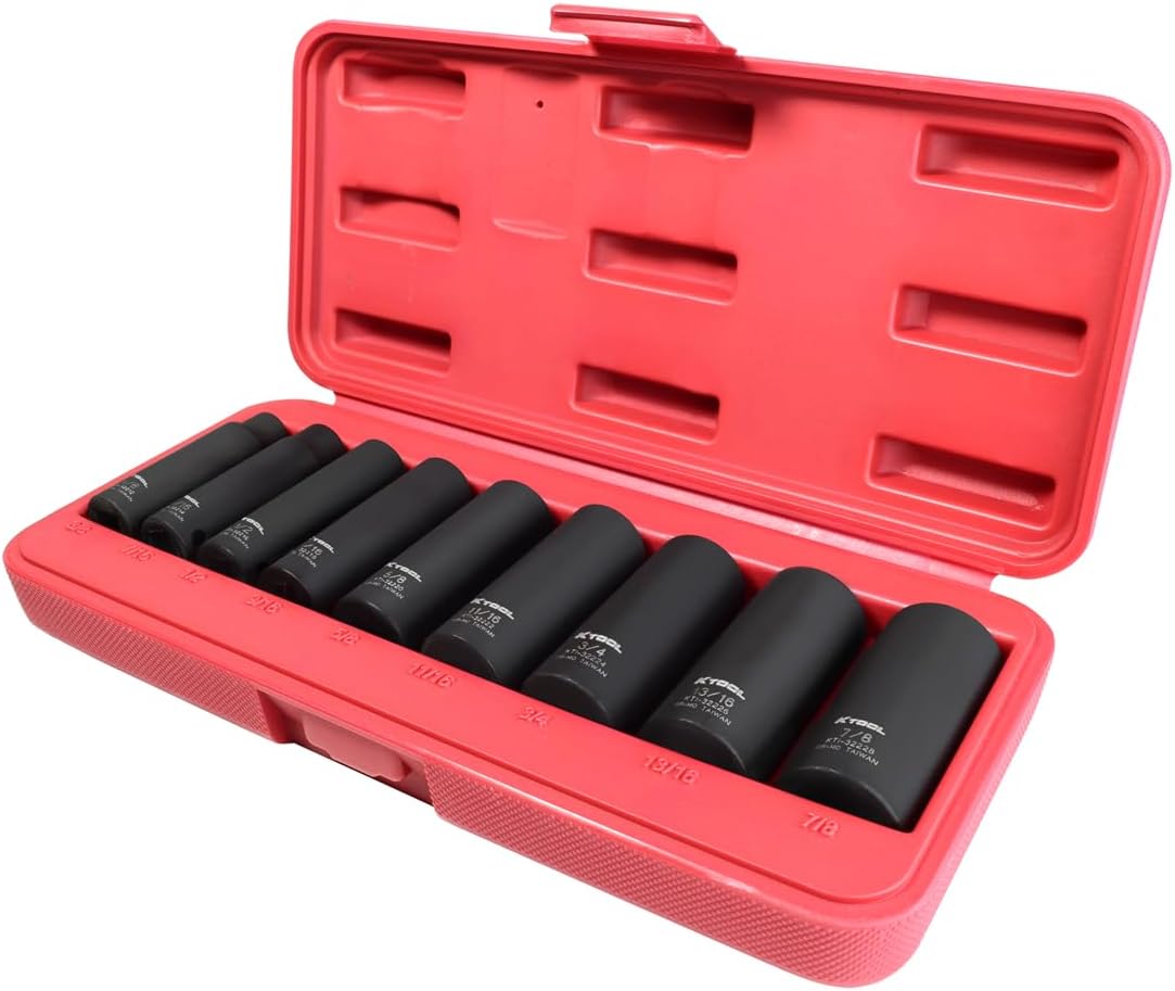 K Tool International 33200 1/2" Drive SAE Impact Socket Wrench Set for Garages, Repair Shops, and DIY, Thin Wall, 6-Point, Heat-treated, Chrome-moly Steel, Laser Engraved, 1/2" to 1-1/4", 12 Piece