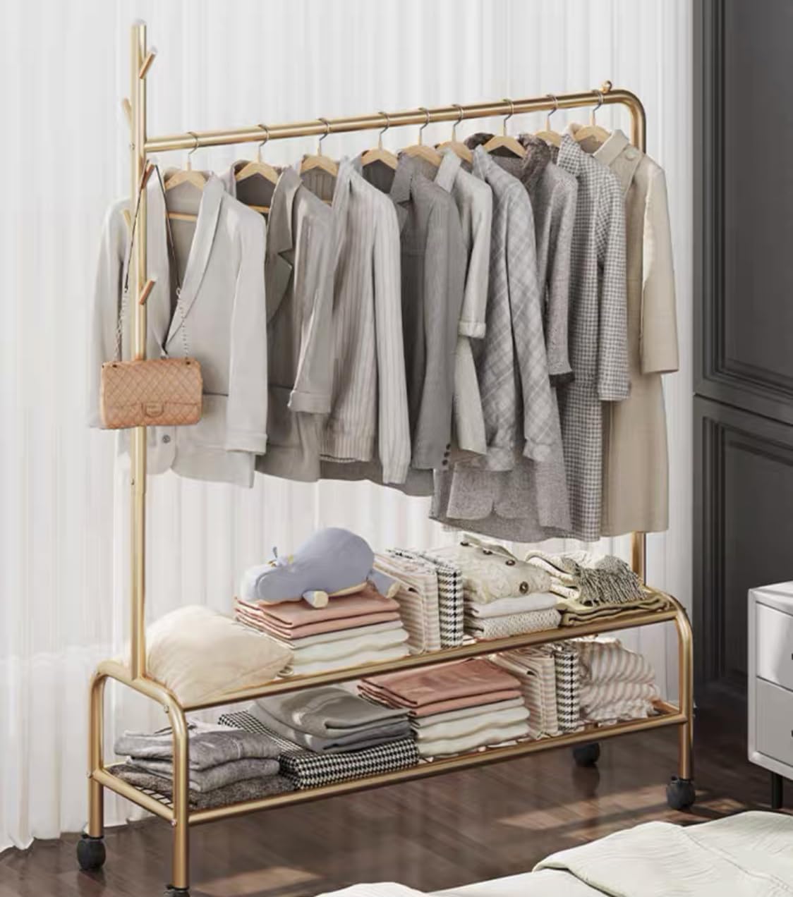 Lukzer | MGR-008 | Gold | Metal Garment Rack with Wheels & 2 Bottom Shelves – Freestanding Clothes Stand & Storage Organizer for Bedroom, Living Room, Shop Display & More | 173 x 110 x 34 cm
