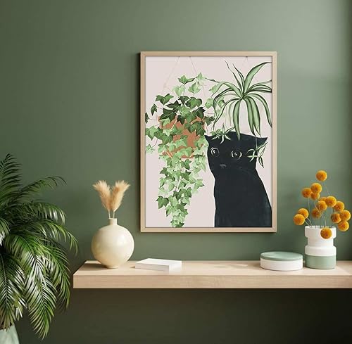 Miniatura 5 de 6 piezas de arte botánico de pared con diseño de gato negro, hojas verdes, plantas y plantas bohemias, arte de pared minimalista, impresiones