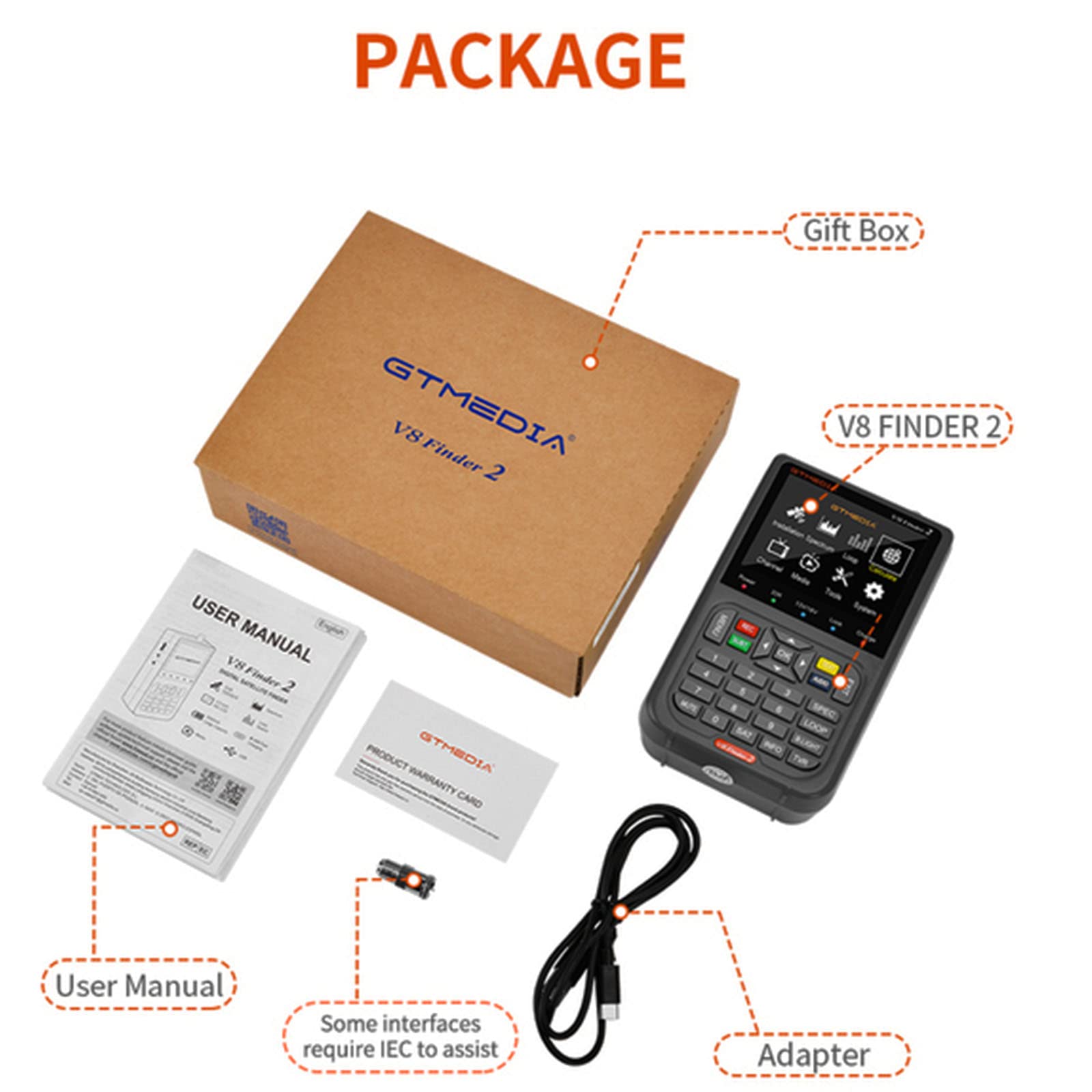 Finder V8 Finder2 Pointeur satellite numérique avec reconnaissance satellite, récepteur de signal, décodeur avec écran LCD 3,5", réglage précis de votre antenne satellite
