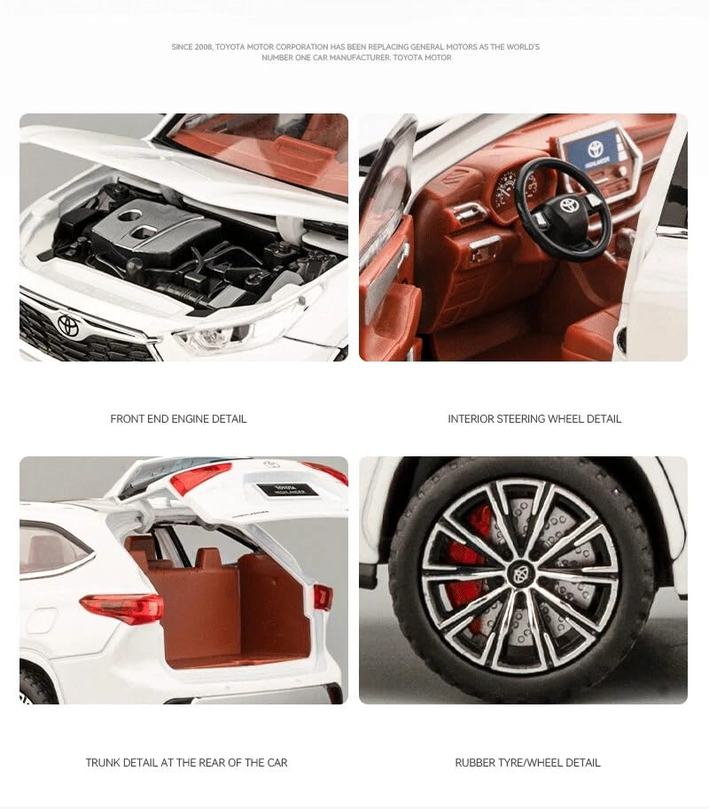 Image of 1:24 Toyota Highlander SUV Model Car - Alloy Diecast Pull Back Toy with Sound, Light & Openable Doors - Gift for Kids Boys Girls (White)