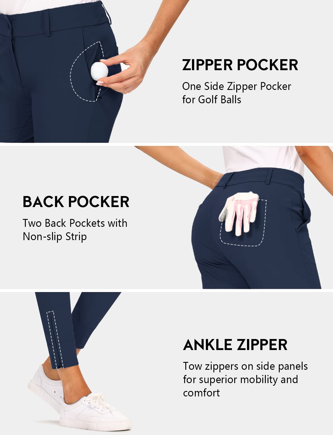 Hiverlay Damen-Golfhose, schnelltrocknend, schmal, leicht, mit geradem Knöchel, auch zum Wandern oder für den Alltag