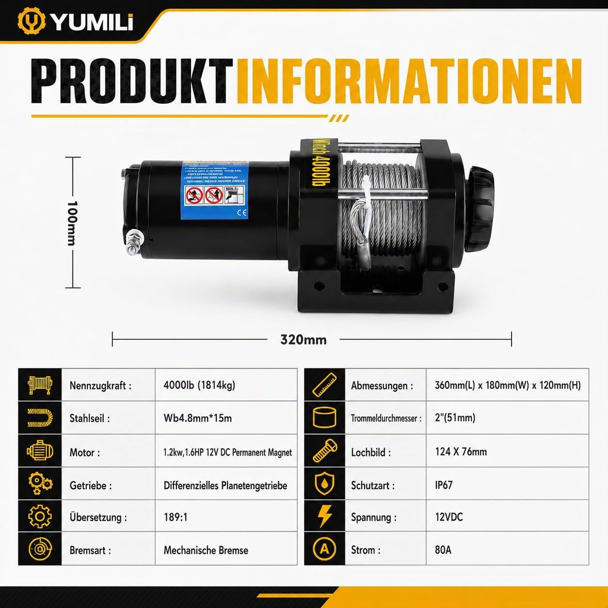 Elektrische Seilwinde 12V, 4000 LBS/ 1818 Kg Motorwinde Seilzug, 4.8mm x 15m Stahlseil Elektrowinde Winde, Wasserdicht nach IP67 mit Fernbedienung, für UTV, ATV, Bootstrailer, Offroad-Bergung