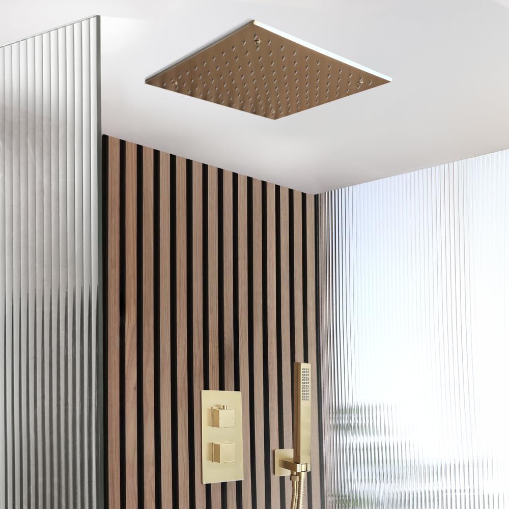 Milano Lyra Thermostatic Mixer Valve 400Mm Recessed Shower Head Handset - Brushed Brass