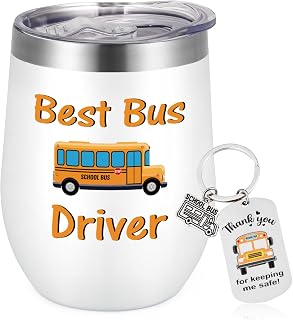 GINGPROUS School Bus Driver Appreciation Gift - Back to School Present for Women Men - 12 Oz Stainless Steel Insulated Wine Tumbler With Lid and Straw, White