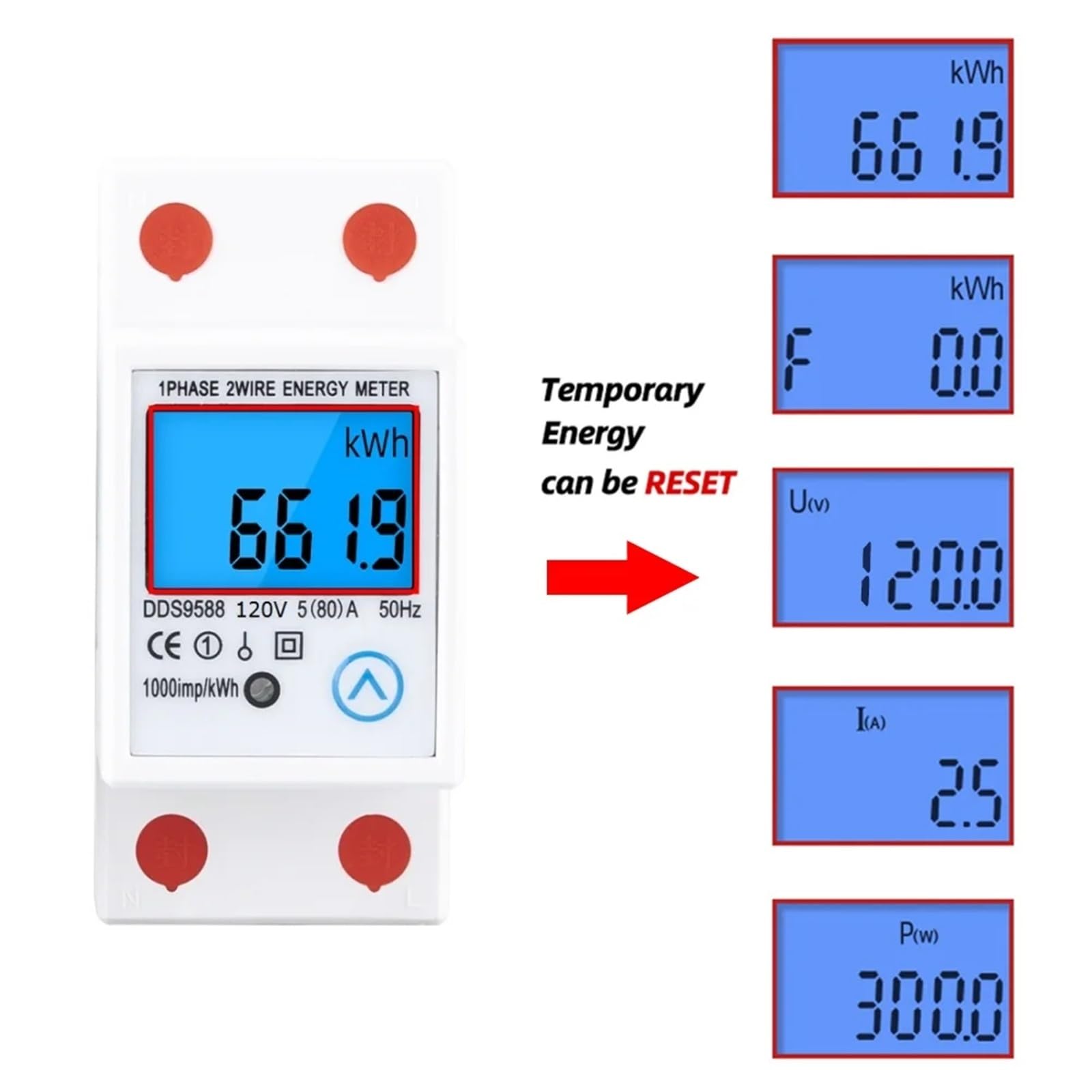 AC 80A 230V Din Rail Single Phase Digital kWh Meter Energy Power Consumption Counter Wattmeter Electronic Reset Zero(120V Whiteshell)
