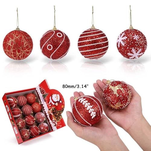 12-Pack 3.15" Red Christmas Glittered Sequin Foam Balls Ornaments Shatterproof For Tree Decoration, 80Mm Xmas Hanging Decor For Festival Party Holiday #TOP1