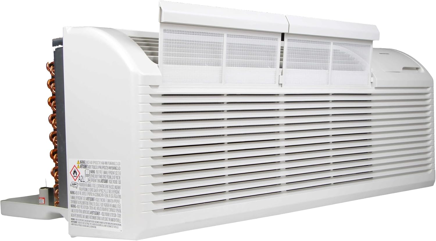 Amana PTAC unit with the front panel open, revealing the washable air filters.