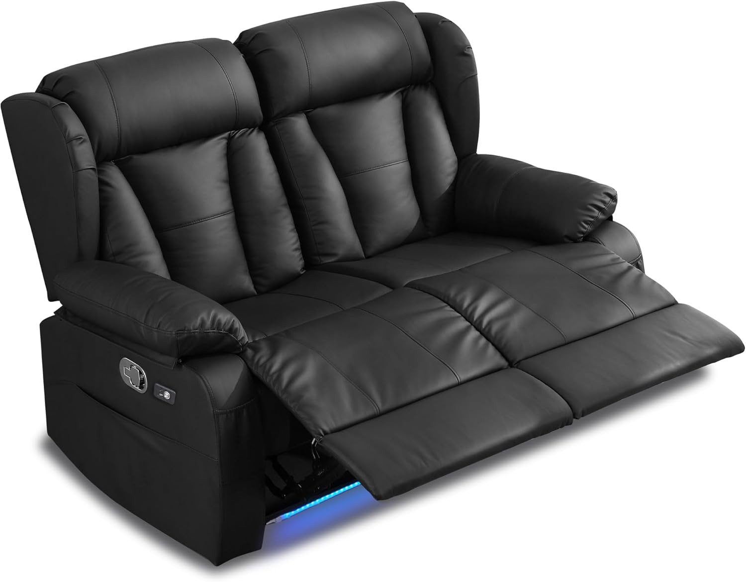Loveseat Recliner Sofa with LED Lights, 59" Manual Love Seat Recliner with USB-A & USB-C Ports, Faux Leather Wall Hugger RV Reclining Couch with Side Pockets