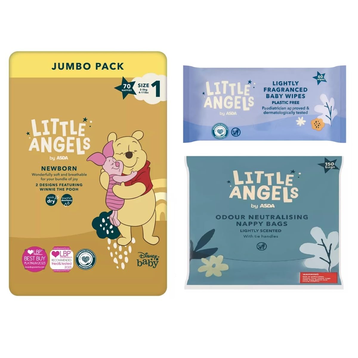 Little Angels Size 1 Nappies Disney 70 Pack bundle with Nappy bags & Lightly Fragranced Wipes