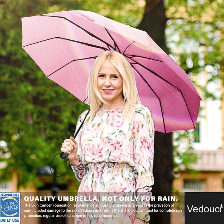 USA Folding Umbrella 10 Ribs Compact Travel Umbrella with Teflon Coating, Automatic Umbrellas Anti UV Coating Folding Umbrellas(Pink) - Image 5