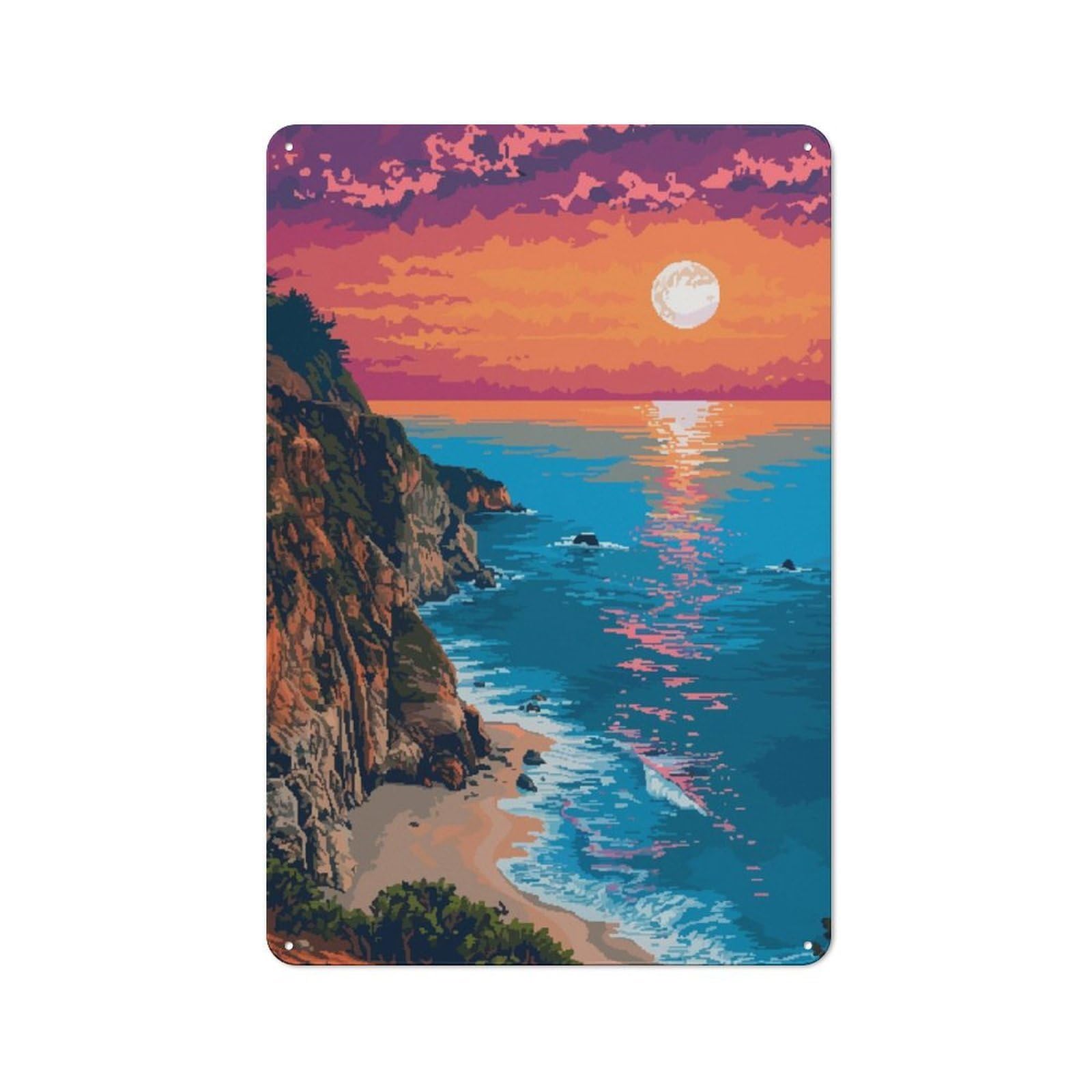 Junmoney California Coast Pixel Art For Lounge Or Reading Corner, Rustic Tin Sign 30X20cm, For An Autumn Update To Lounge And Reading Corner