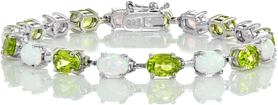 Ice Gems Sterlilng Silver Gemstone and Created White Opal 7x5mm Oval-Cut Tennis Bracelet