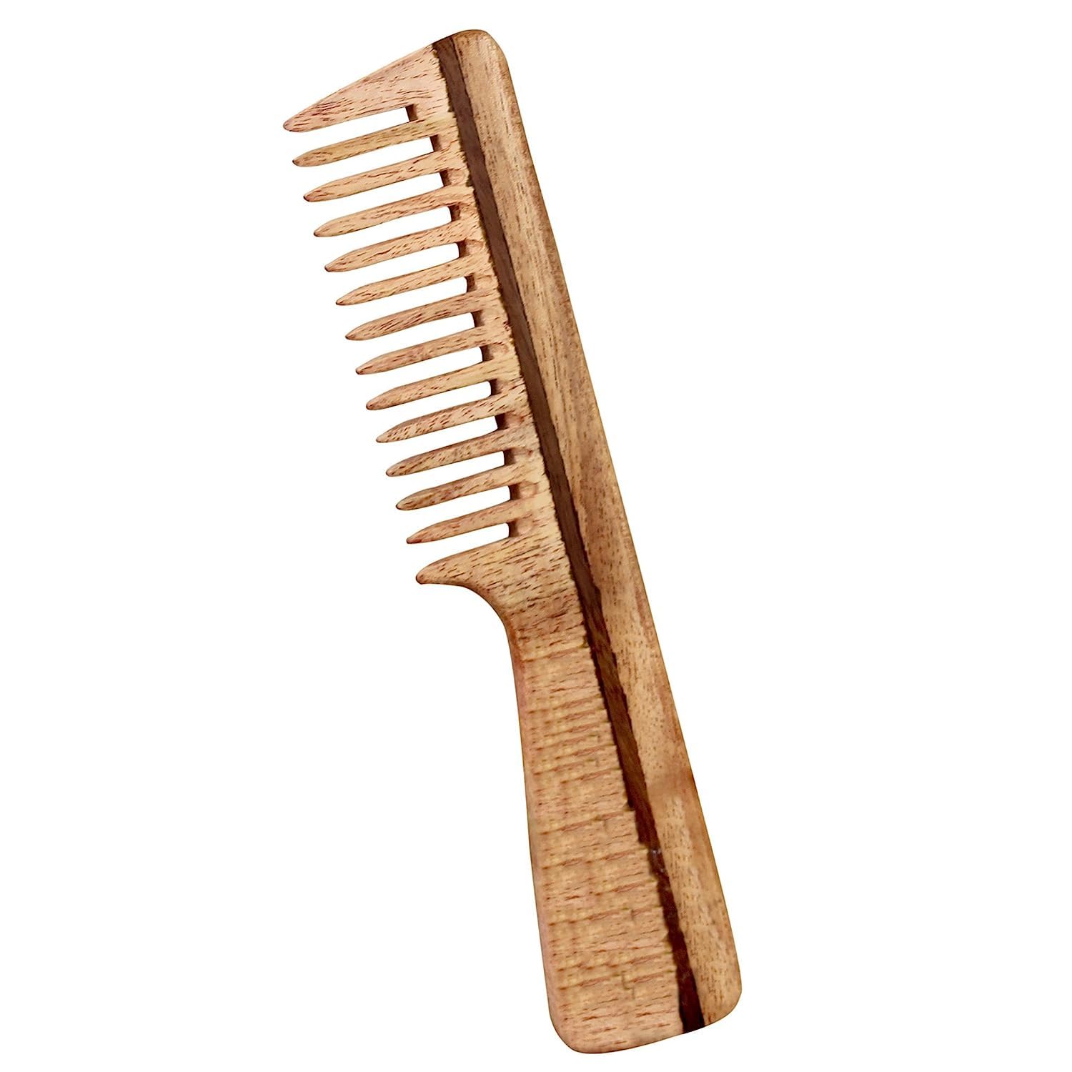 THE Unltd India Handmade Kacchi Neem Wood Comb with Handle, Brown, 7 Inch