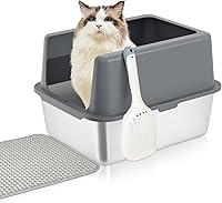 Vista 14 de Caja de arena de acero inoxidable para gatos, caja de arena de metal cubierta, bandejas de arena para gatos con lados altos, cajas de arena