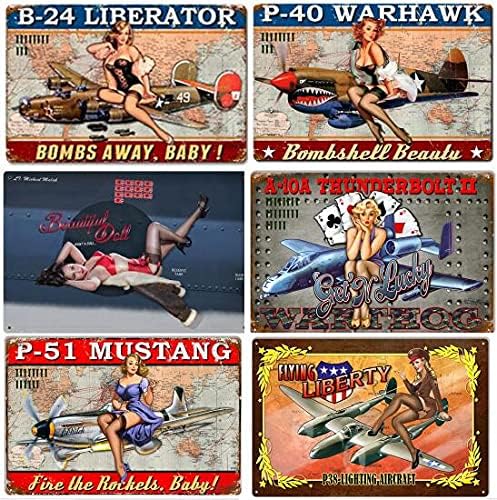 Muroanmi 6 Pack Military Airplane ww2 Pinups Bomber Girl Art Vintage Style Retro Aviation Garage Art Wall Decor