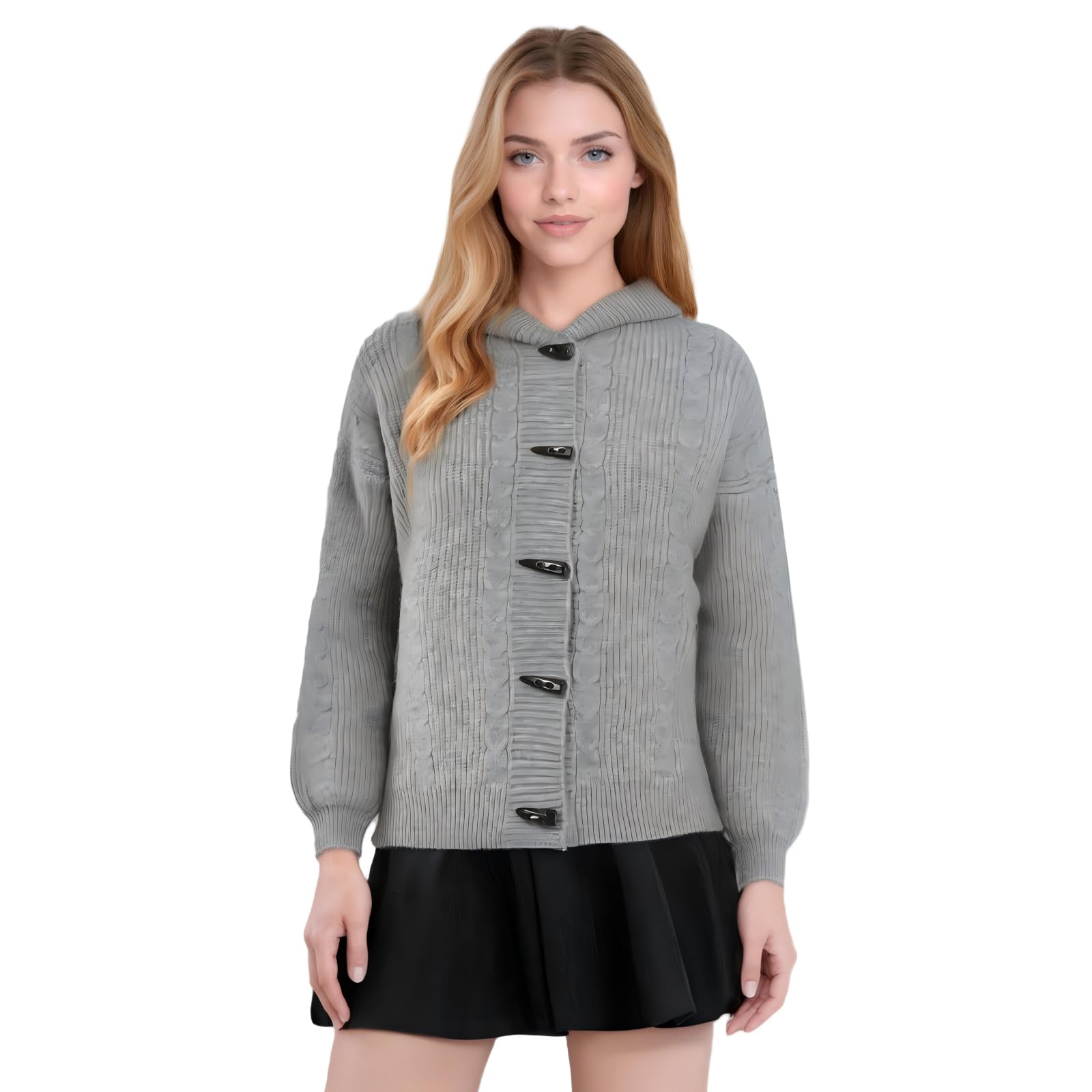 Womens Fashion Hooded Knit Open Front Sweater Long Sleeve Button Outerwear Coats