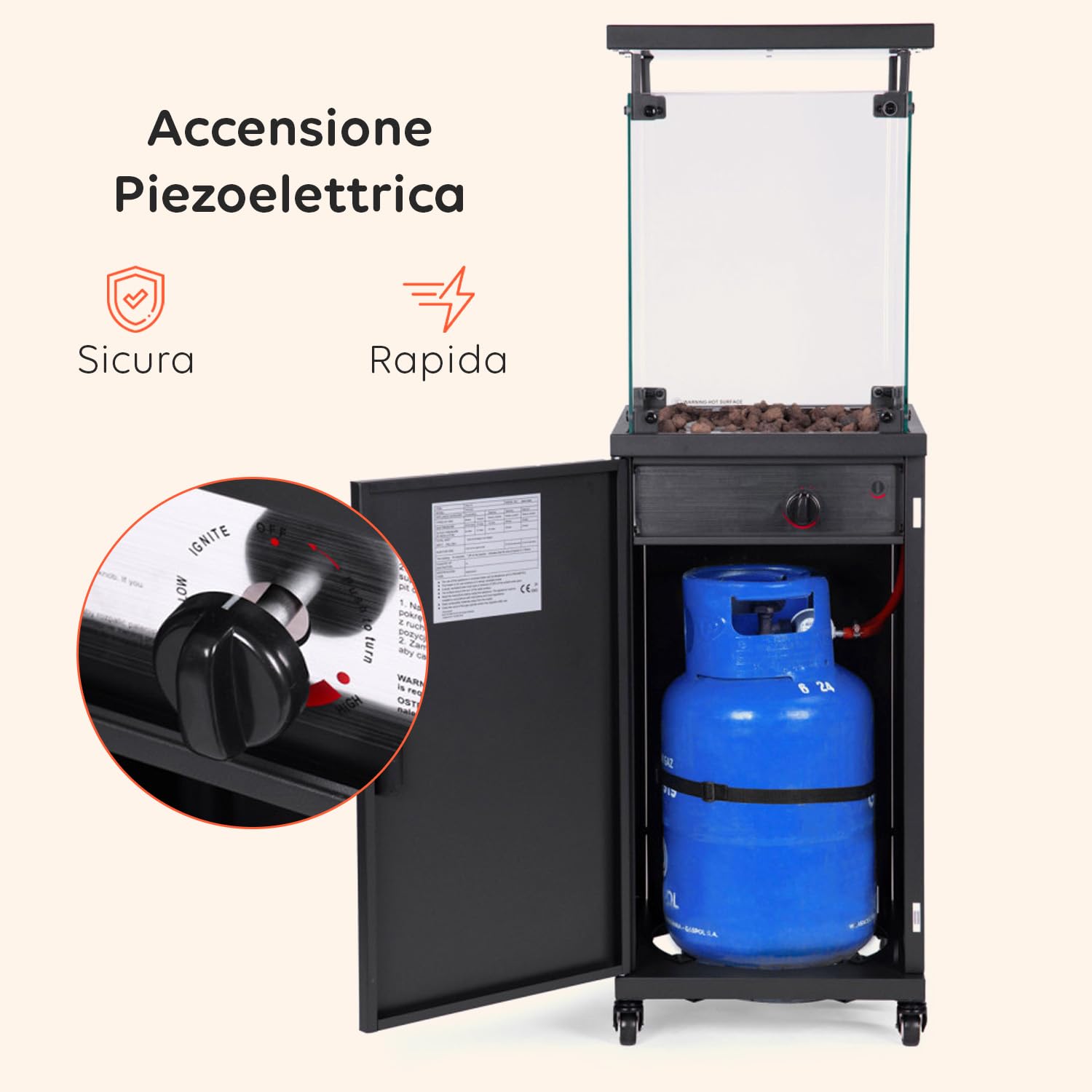 Wintem Caminetto a Gas da Esterno Nero 12 kW 15 m² Accensione Piezoelettrica Roccia Lavica Ruote