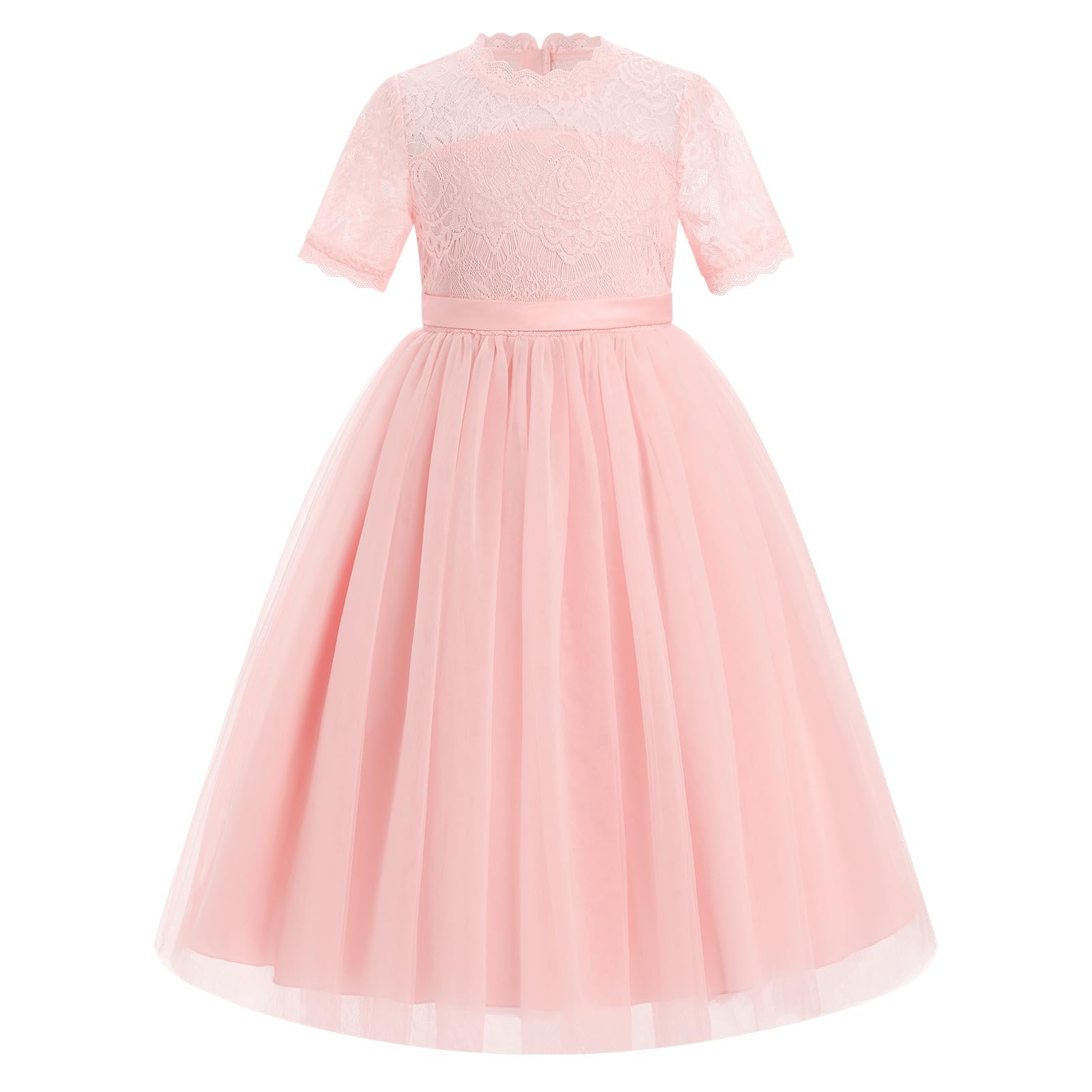 Vestido de encaje de manga corta para niñas, cuello redondo, tutú de tul, vestido de princesa, para cumpleaños, dama de honor, boda, fiesta, concurso, primera comunión, vestido de graduación