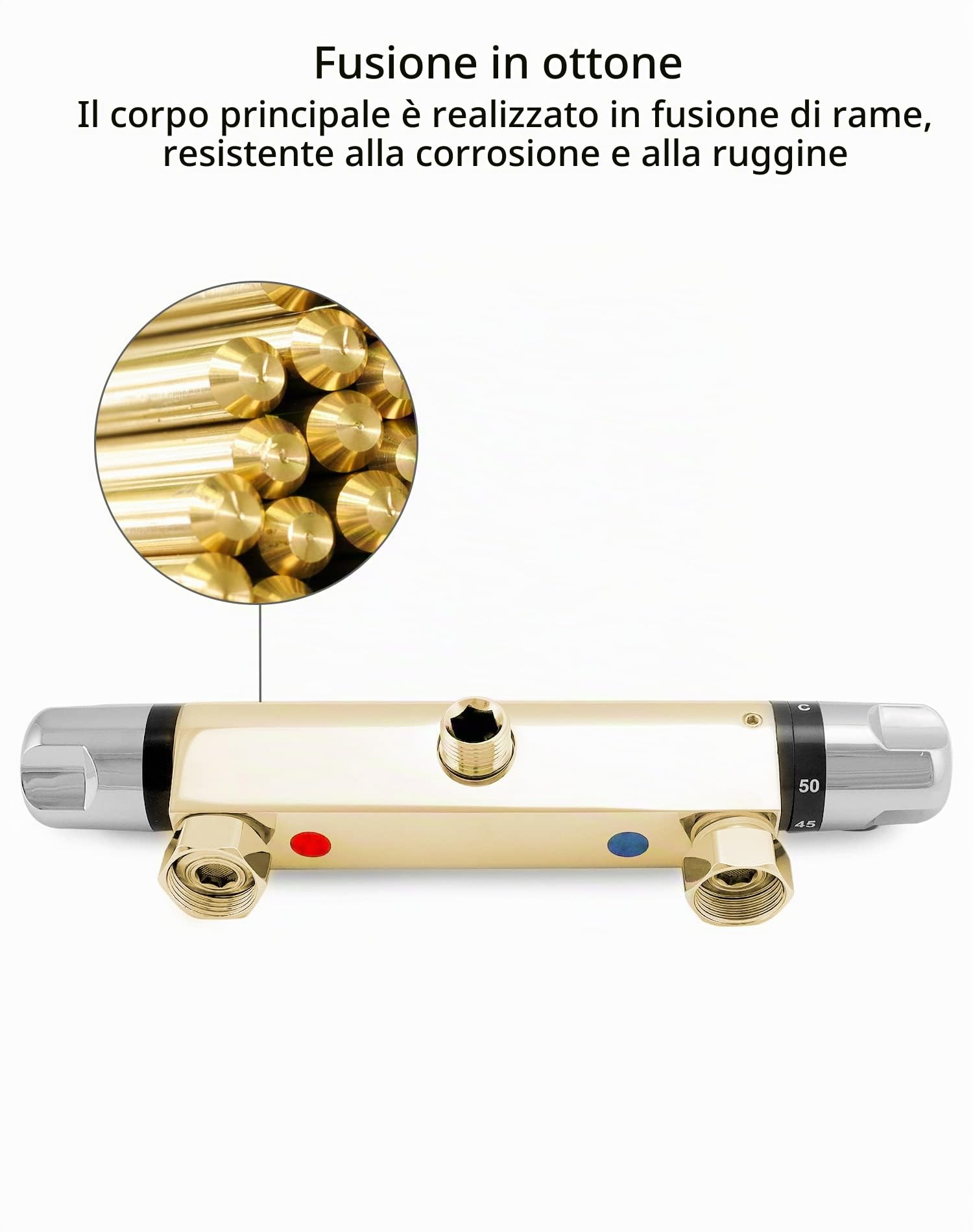 QWORK Miscelatore Termostatico Doccia, Valvola G1/2" Uscita, Sinistro Caldo Destro Freddo, Miscelatore Doccia in Ottone, Controllo Costante della Temperatura per Il Bagno