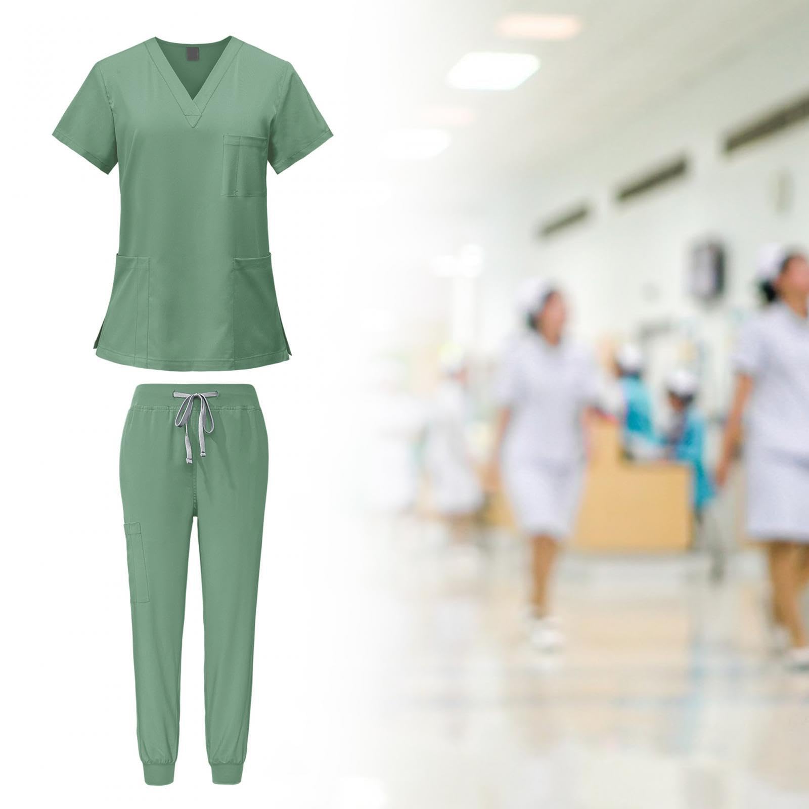 LOVIVER Female Scrub Set Nurse Workwear V Neckline Professional Machine Washable Top and Joggers Pant Work Clothing for Beauty Center, Green, M
