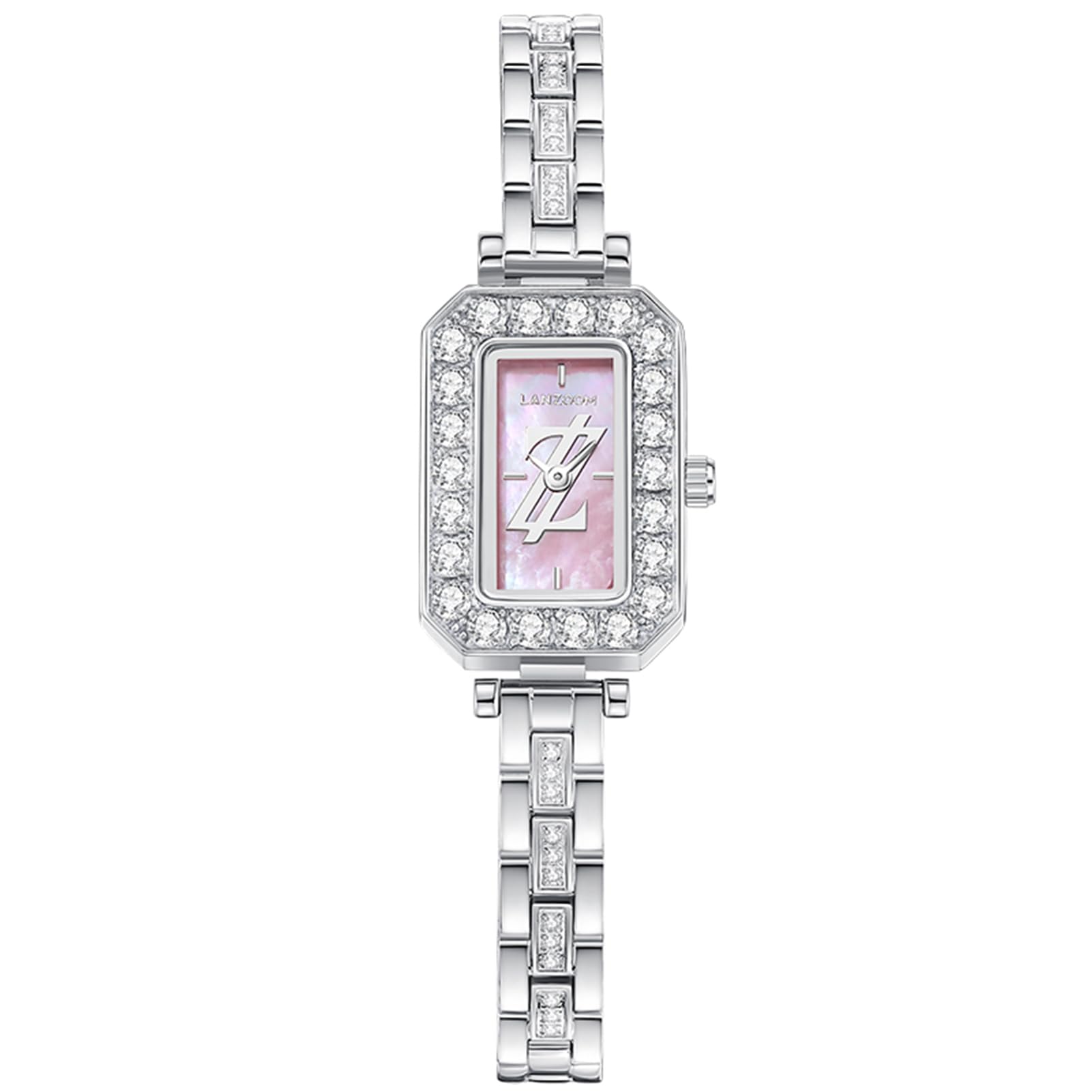 LANZOOM Diamant-Uhren für Damen, Gehäuse und Armband aus 316L-Edelstahl, mit rosa Perlmutt-Zifferblatt, Silber / Pink, Zierlich süß
