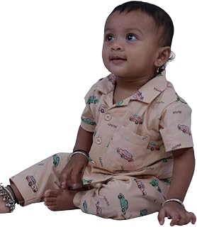 Baby Boys Shirt and Pyjama Set, Beige, Antique Car Print, Short Sleeve, Casual Wear Price In India