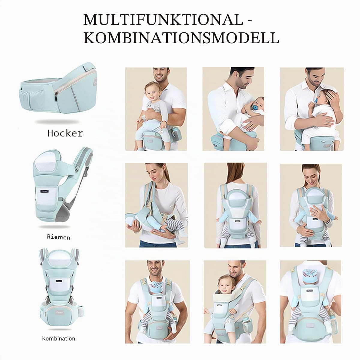SONARIN Babytrage Ergonomisch mit Hüftsitz/reiner Baumwolle, Kopfstütze, Mehrfachpositionierung: Rücken, Bauch, einstellbar für Neugeborene und Kleinkinder 0 bis 36 Monate (bis zu 30 kg) Blau