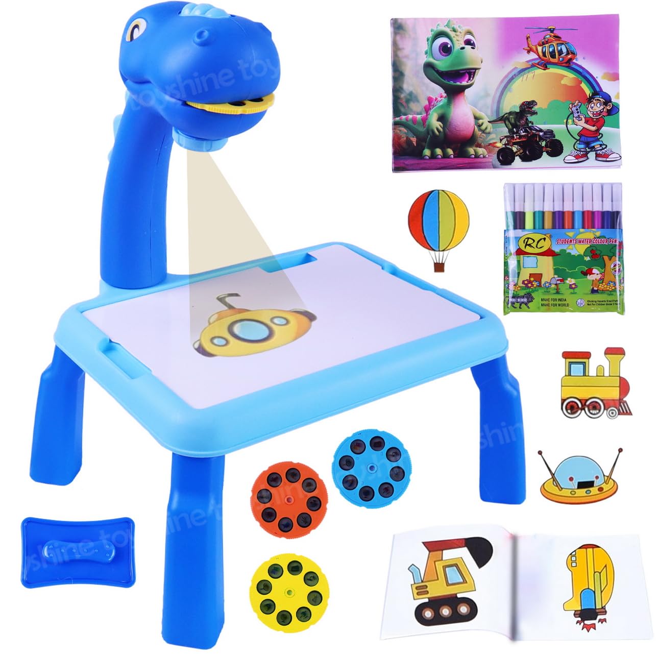 Dino Theme Smart Projection Drawing Board with Music Include Art Supplies Doodle Table Kit | Trace and Draw Projector Toy for Kids Age 3+ (Blue)