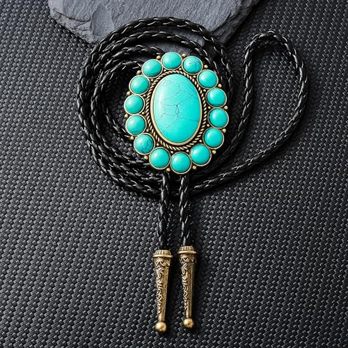 Image of GelConnie Bolo Tie for Men Women Western Cowboy Turquoise Leather Necktie | Natural Stone Bolo Tie Necklace for Women Rodeo Cowboy Leather Necktie Native American Western Cowgirl Ties Adjustable Cord