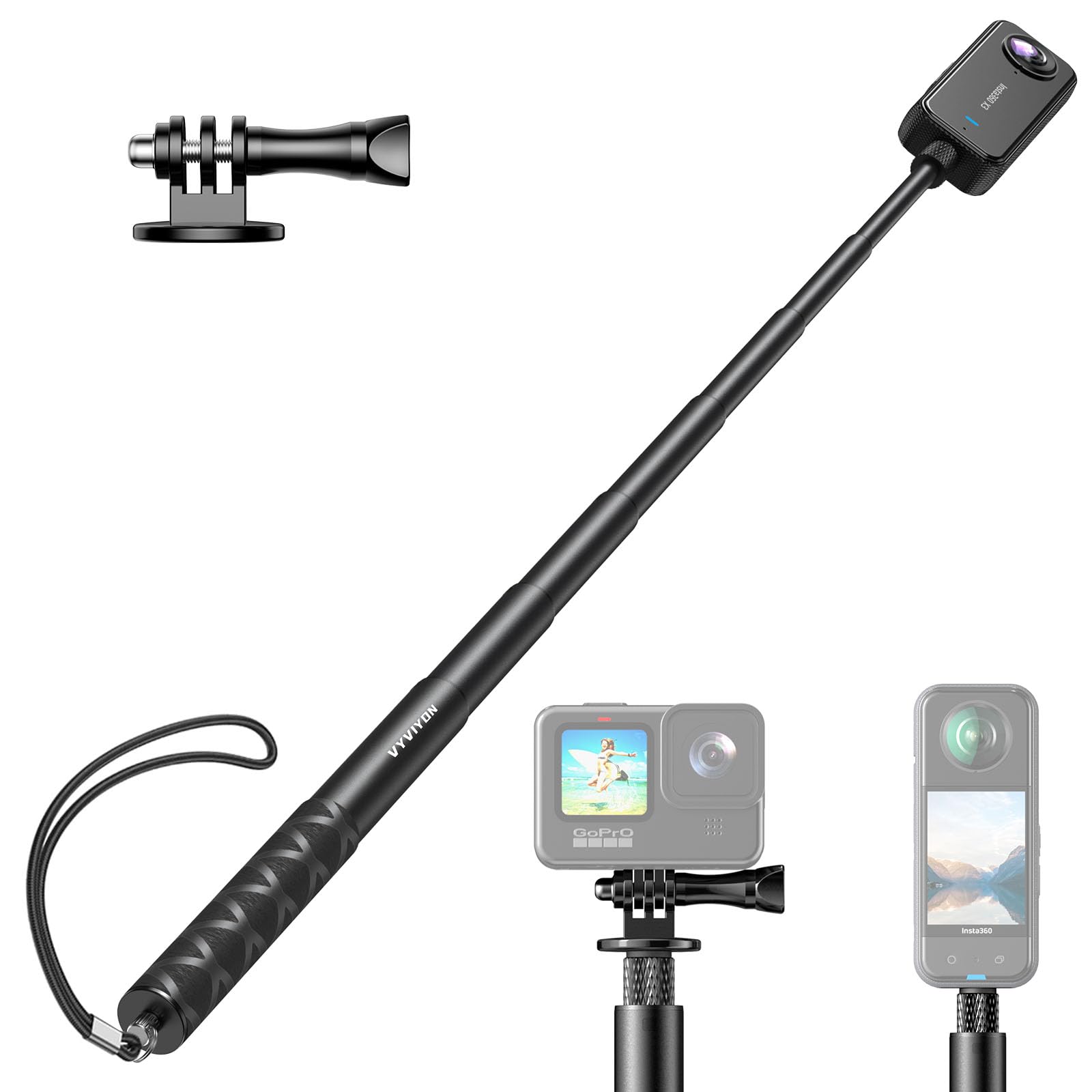 1.8M Super Langer unsichtbarer Selfie-Stick, 7-Stange Action-Kamera-Stick für Insta360X5,1/4" Extendable Handheld Pole Stick Monopod mit Gopro-Adapter Kompatibel mit X3, One X/X2, One R,GO2, Hero 12