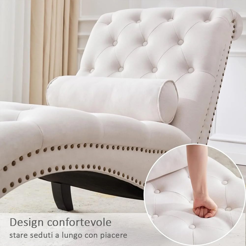 Shally Dogan Poltrona Chaise Lounge in Tessuto Ergonomica, Sdraio Relax Deluxe Premium da Soggiorno, Salotto, Casa, Ufficio, Imbottitura Alta Densità Ergonomico e Cuscino Lombare (Beige)