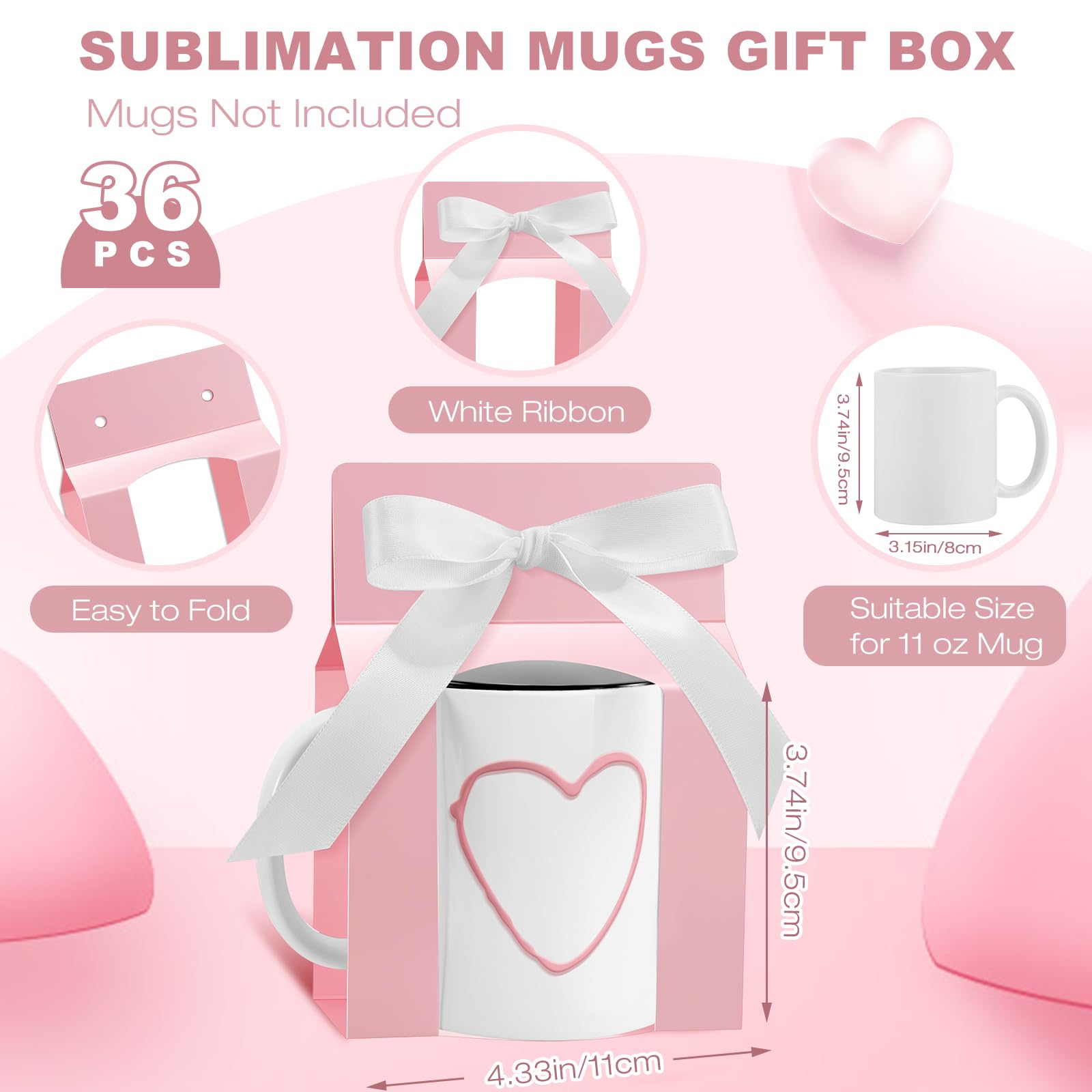 Kosiz 36 scatole per tazze a sublimazione, sacchetti regalo, con finestra, scatole per spedizioni, vendite di confezioni regalo per tazze e confezioni regalo (rosa, bianco, per tazze da 325 ml)