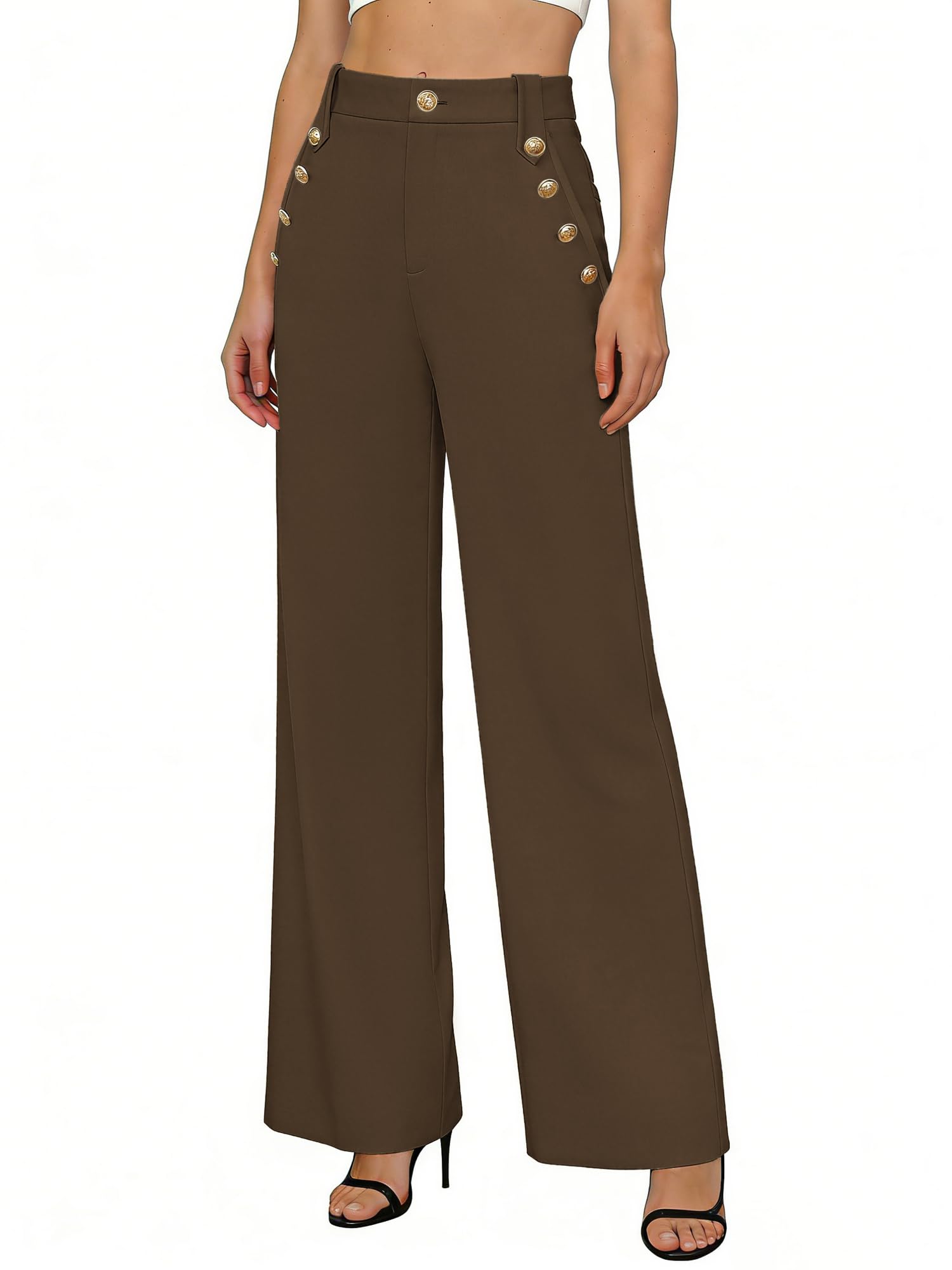 GRACE KARIN Pantaloni Eleganti a Gamba Larga con Tasche da Donna | elastico a vita alta, tasche, bottoni decorativi, business, casual, lavoro, ufficio, riunioni, pendolari, feste, formali