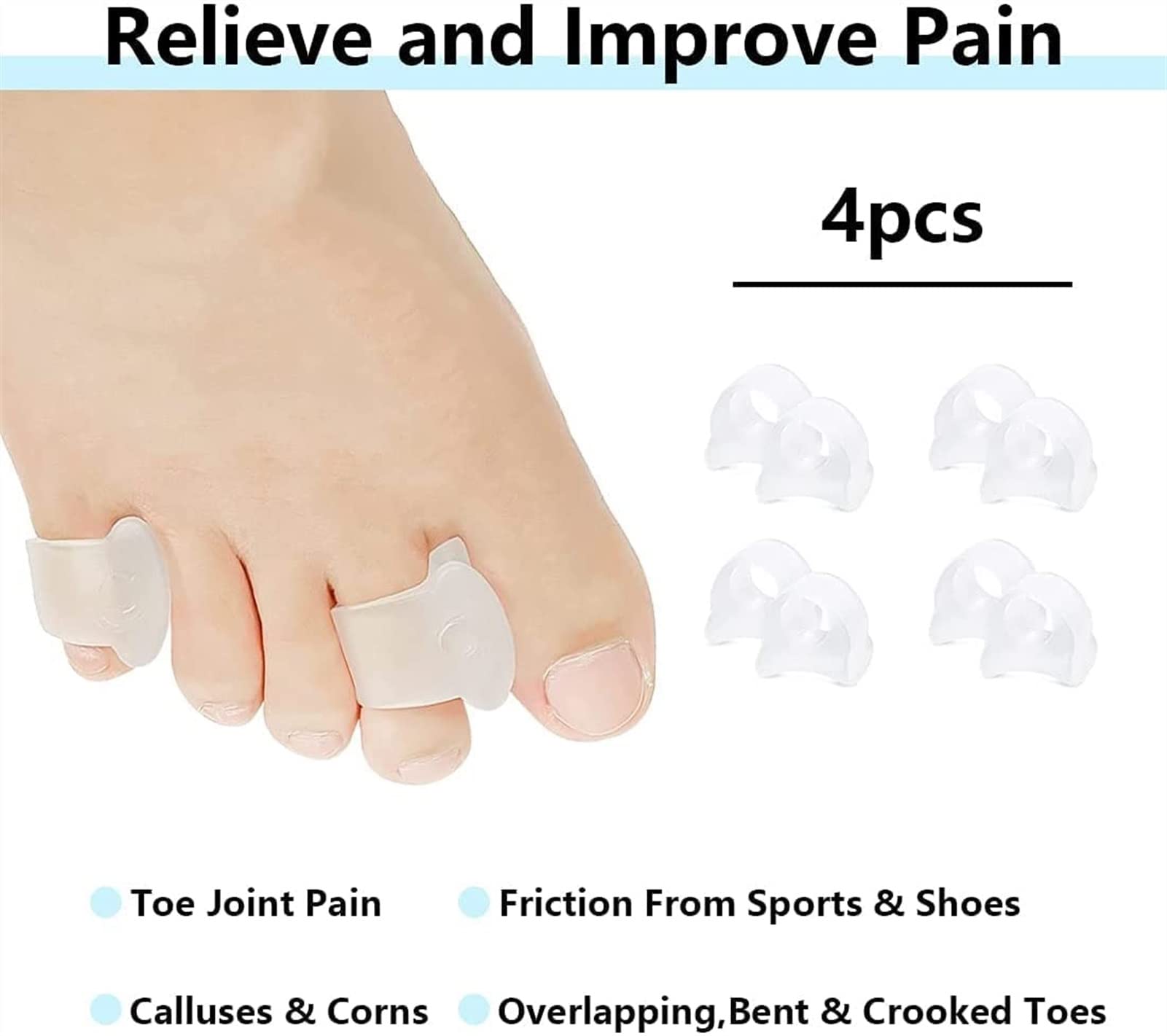 4 pares de separadores de dedos transparentes, espaciador de dedos para corrector de juanetes, separadores de dedos de gel, adecuados para aliviar el dolor de juanetes,separando los dedos superpuestos