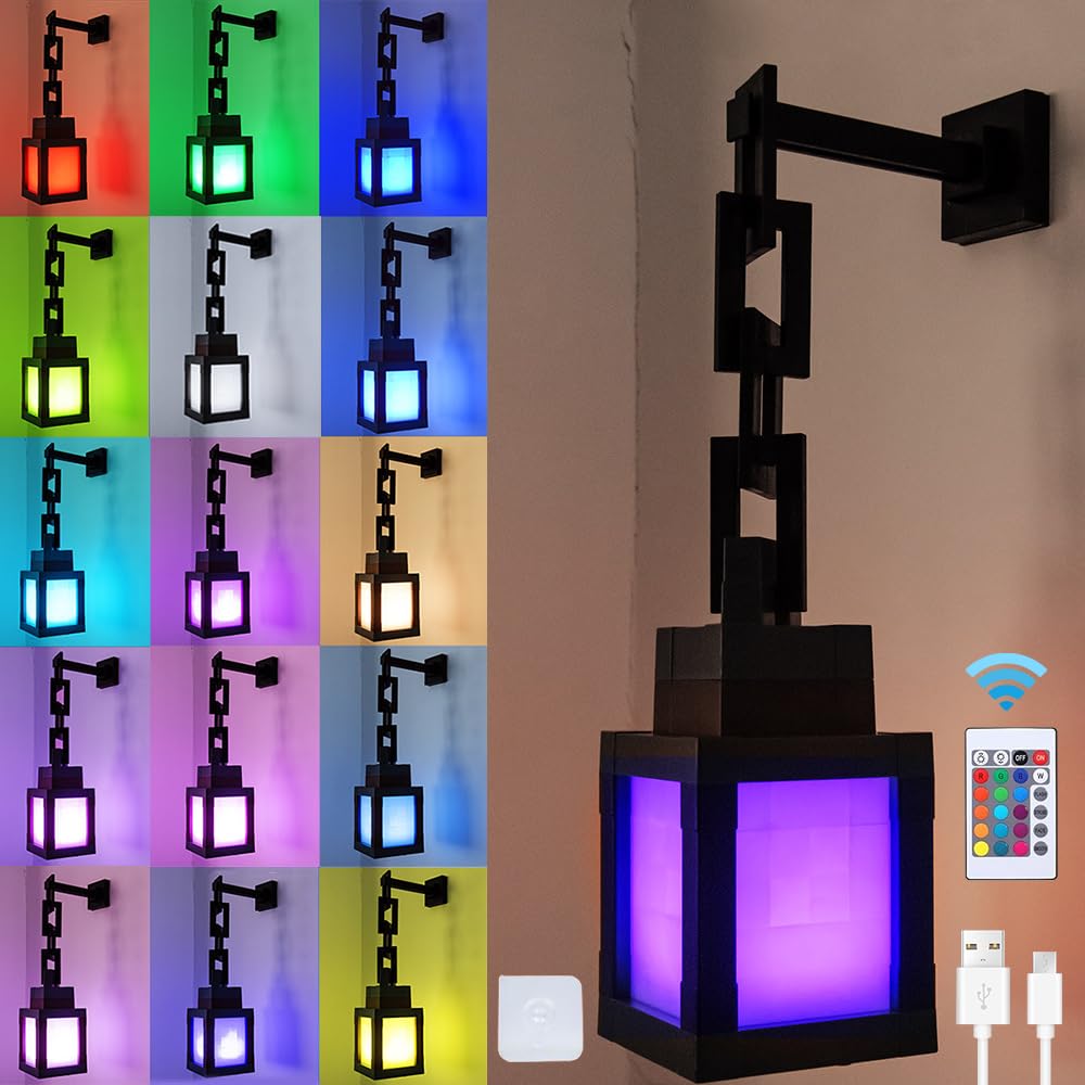 Nzkeuf Pixelated Lantern Nachtlicht, LED Tragbare Wandlampe Kinderzimmer, 16 Farben mit Fernbedienung & Dimmfunktion, Nachtlampe mit USB Aufladbar für Schlafzimmer, Gaming, Kinderzimmer, Jungenzimmer