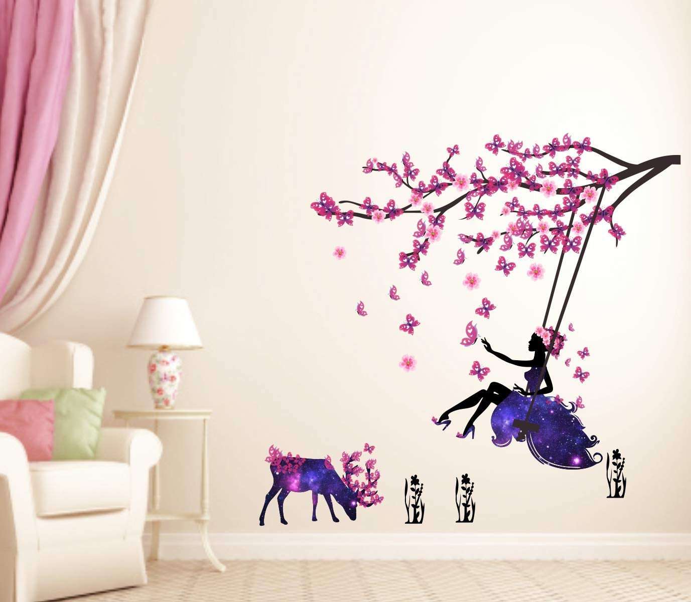 Angel on Swing with Little Deer and Butterfly Wall Stickers (PVC Vinyl, Multicolour, 110cmx100cm), Animal, Pack of 1