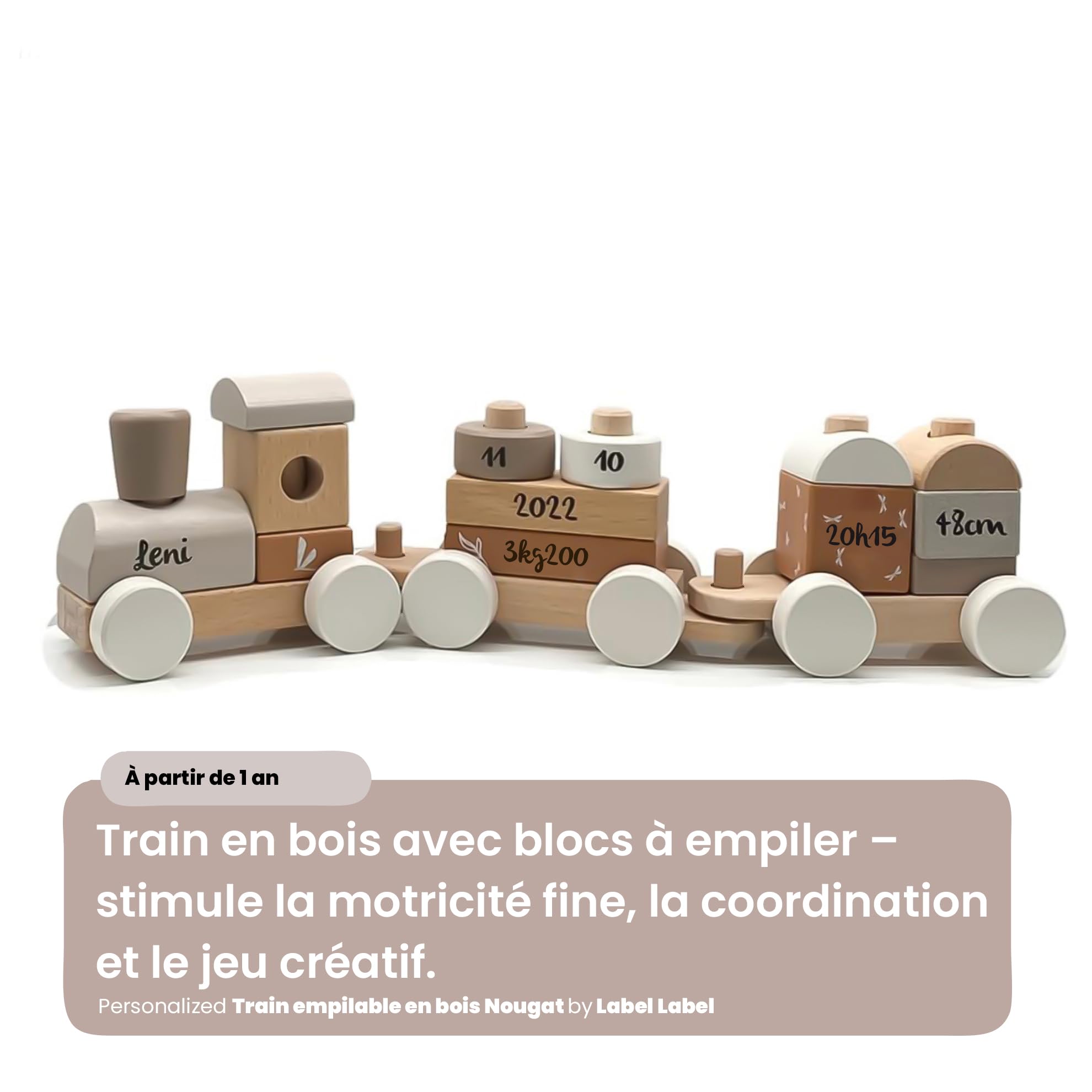 Personnalisable Train d’empilage en Bois (Nougat) – 14 pièces & hêtre FSC – motricité Fine & Formes – pour Enfants dès 18 Mois – personnalisé avec prénom & données de Naissance – Label Label