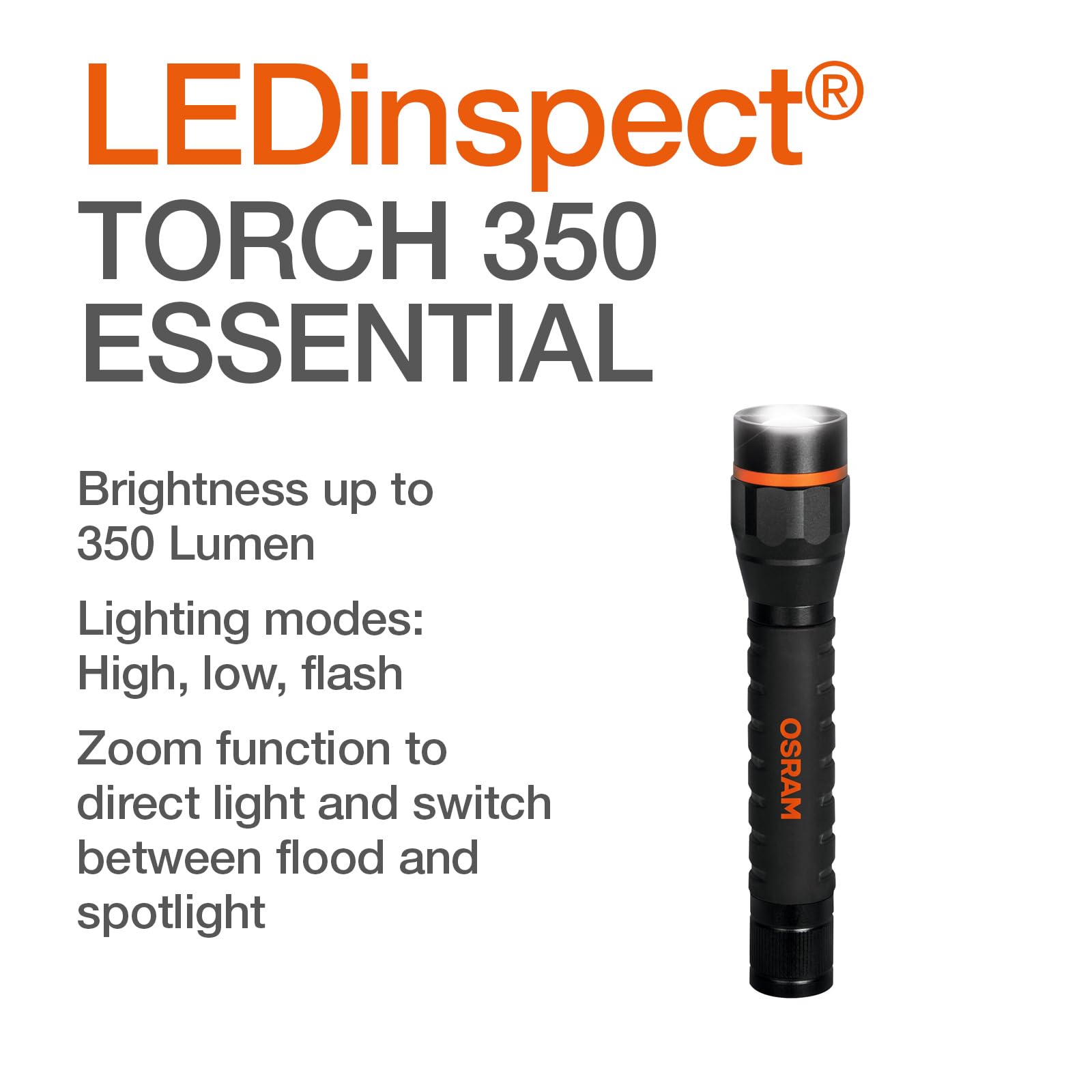 OSRAM LEDinspect Torch 350 Essential, Zoom Function, 350lm Brightness, 6500K, 3 Light Modes, LED Inspection Torch - Image 2