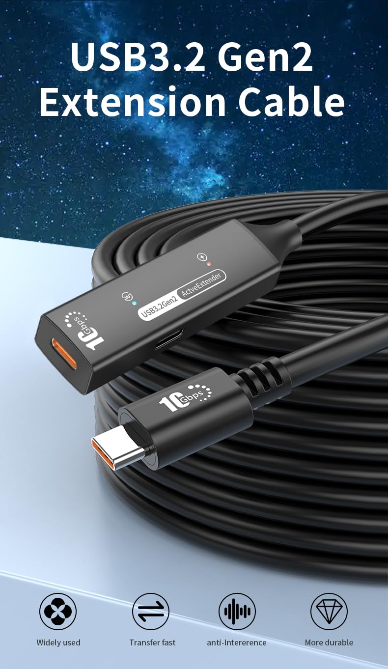 USB-C Active Extension Cable 10m USB 3.2 Gen 2 10Gbit/s Double Shielding Aluminum Housing Black