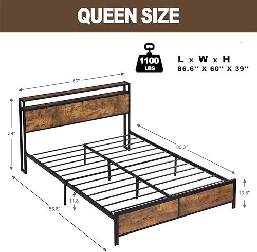 Miniatura 2 de Base de cama de plataforma de metal tamaño Queen con cabecero y estribo de madera con luces USB y LED, no necesita somier, gran almacenamiento