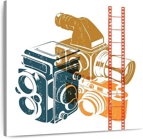 ElephantStock - Arte de pared de cámaras retro - Arte de pared en lienzo cuadrado - Decoración de pared de sala de estar - Pasatiempos de arte