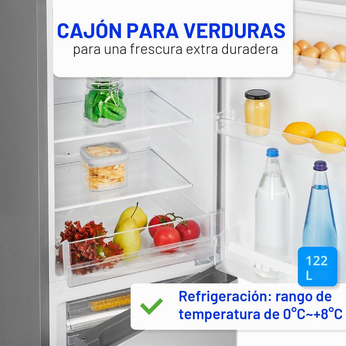 Bomann® Frigorífico con congelador, clase energética D, 143 cm, congelador silencioso de 39 dB, 3 estantes y 3 cajones, tope de puerta intercambiable, combinación de congelador de 175 l, KG 322.1 inox